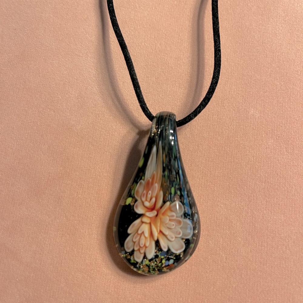 Fused glass Black and Coral Bloom Pendant Necklace